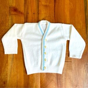 Vintage 50s 60s White Knit Cardigan Sweater Blue Boy Unisex Girl Toddler 4T 3T
